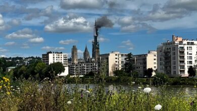 صورة حريق في برج كاتدرائية تعود للقرون الوسطى بمدينة روان الفرنسية “صور”